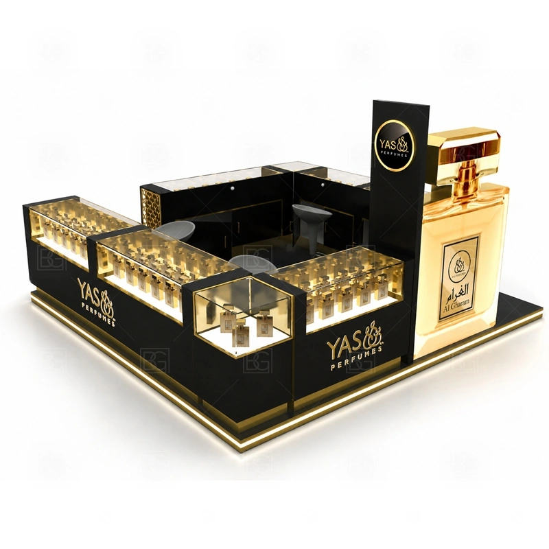 Luxury Perfume Kiosk Custom Made with mall island layout shown in the luxury perfume kiosk custom made product photos for fragrance and perfume retail