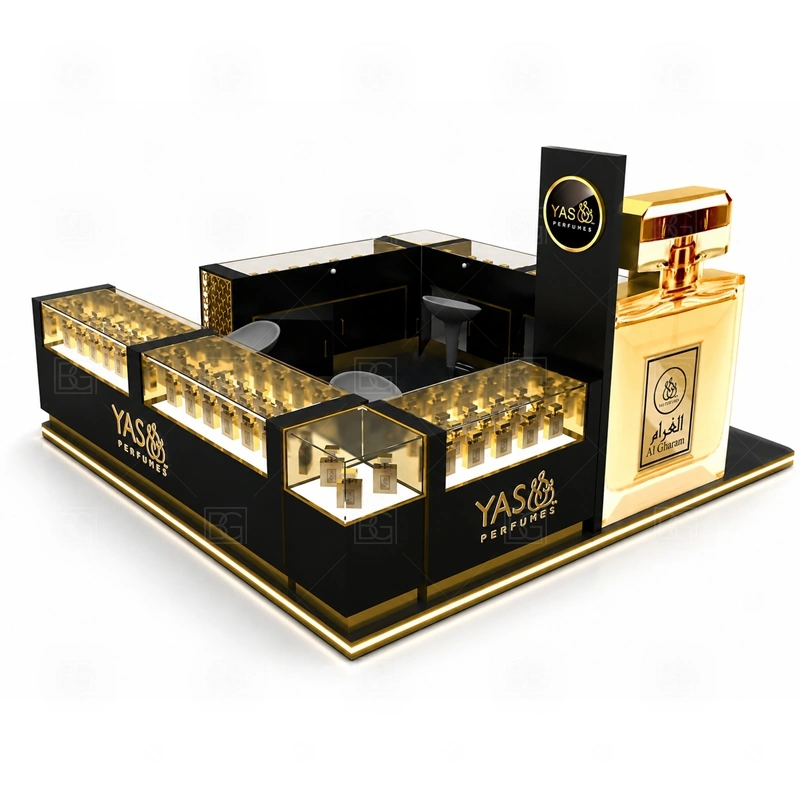 Luxury Perfume Kiosk Custom Made layout showing island perfume kiosk layout with browsing from several sides shown in the luxury perfume kiosk custom made product photos, with front-facing mall traffic with a clear customer approach and staff side behind the counter