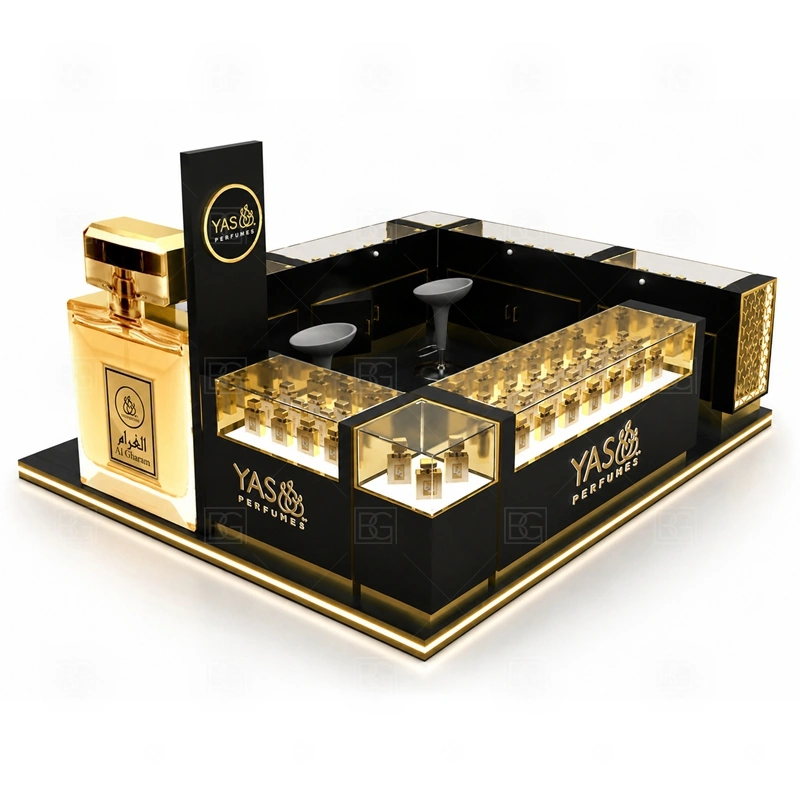Luxury Perfume Kiosk Custom Made display detail for perfume bottle displays, glass counters, and small product shelving planned for perfume bottles, testers, gift sets, fragrance boxes, and small beauty products, arranged around the visible showcase rhythm of Luxury Perfume Kiosk Custom Made