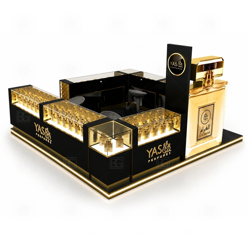 Luxury Perfume Kiosk Custom Made branding detail for custom logo signage and brand color presentation coordinated with fragrance brand color, logo panels, front graphics, and mall visibility needs, tuned to the logo position and visible brand surfaces of Luxury Perfume Kiosk Custom Made