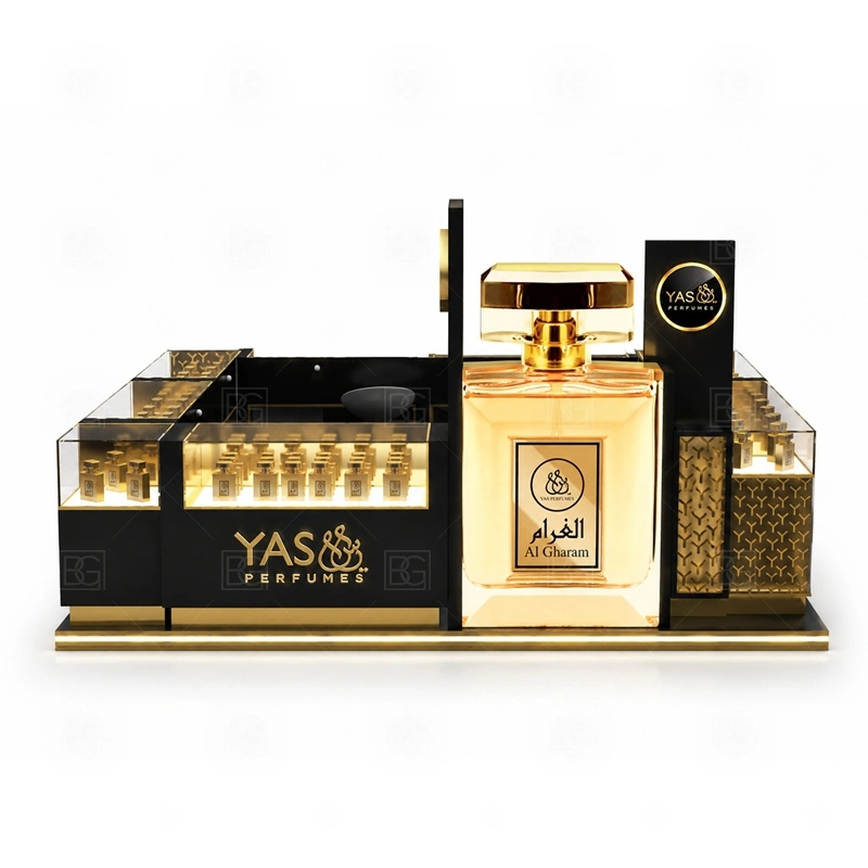 Luxury Perfume Kiosk Custom Made storage detail for lockable drawers, bottle stock cabinets, tester storage, packaging space, and cable access planned for luxury perfume kiosk custom made