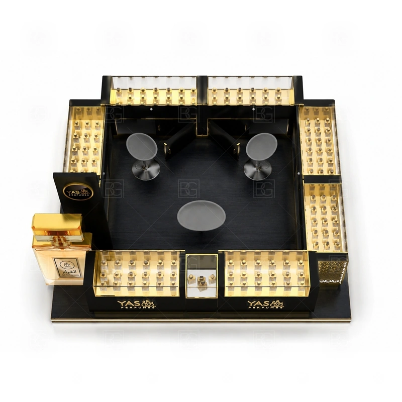 Luxury Perfume Kiosk Custom Made buyer planning detail for Luxury Perfume Kiosk Custom Made target size, bottle display quantity, tester counter size, logo sign dimensions, glass showcase size, lighting color, mall rules, destination country