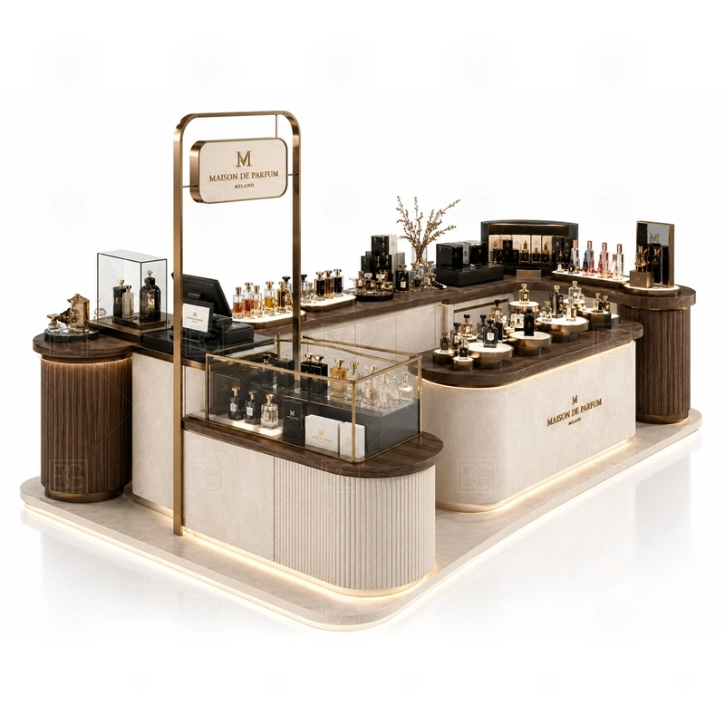 Mall Retail Mall Perfume Kiosk and Display Shelves with green brand color and display cabinets shown in the mall retail mall perfume kiosk and display shelves product photos for fragrance and perfume retail