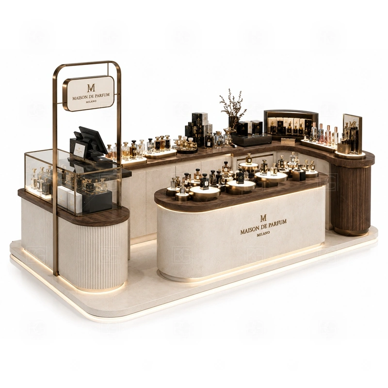 Mall Retail Mall Perfume Kiosk and Display Shelves layout showing shopping mall perfume kiosk layout with display counters, storage, and cashier planning shown in the mall retail mall perfume kiosk and display shelves product photos, with center-court traffic where customers may approach from more than one direction
