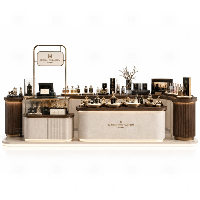 Mall Retail Mall Perfume Kiosk and Display Shelves storage detail for lockable drawers, bottle stock cabinets, tester storage, packaging space, and cable access planned for mall retail mall perfume kiosk and display shelves
