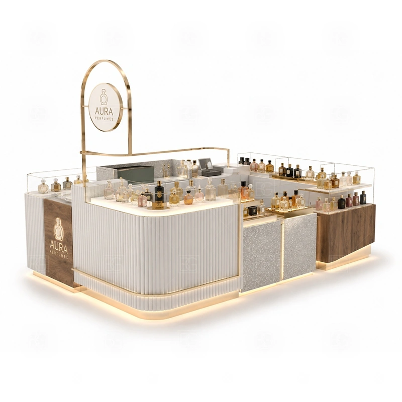 Mall Retail Retail Perfume Booth with Glass Showcase with white gold luxury counter style shown in the mall retail retail perfume booth with glass showcase product photos for fragrance and perfume retail