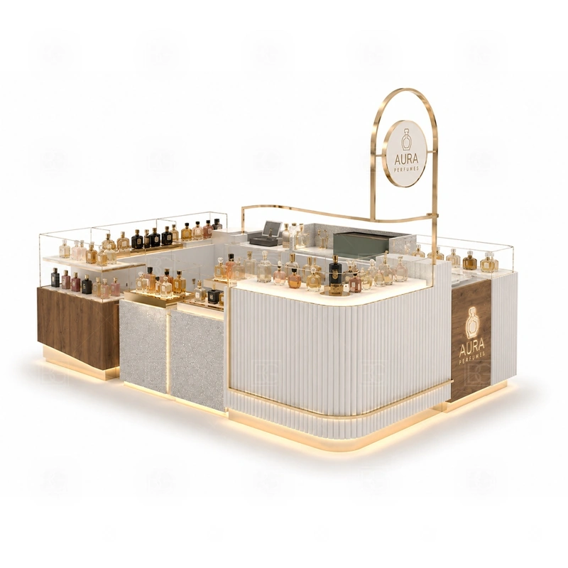Mall Retail Retail Perfume Booth with Glass Showcase layout showing shopping mall perfume kiosk layout with display counters, storage, and cashier planning shown in the mall retail retail perfume booth with glass showcase product photos, with compact lease areas where storage and customer flow must be planned carefully