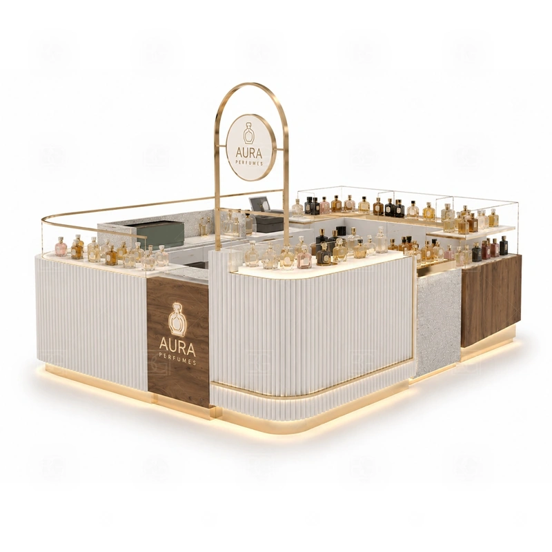 Mall Retail Retail Perfume Booth with Glass Showcase display detail for tempered glass showcases and visible perfume bottle display zones planned for perfume bottles, testers, gift sets, fragrance boxes, and small beauty products, arranged around the visible showcase rhythm of Mall Retail Retail Perfume Booth with Glass Showcase