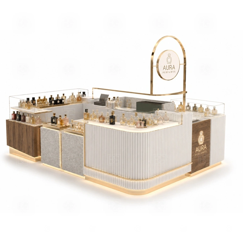 Mall Retail Retail Perfume Booth with Glass Showcase branding detail for tall logo tower and warm LED brand lighting coordinated with fragrance brand color, logo panels, front graphics, and mall visibility needs, tuned to the logo position and visible brand surfaces of Mall Retail Retail Perfume Booth with Glass Showcase