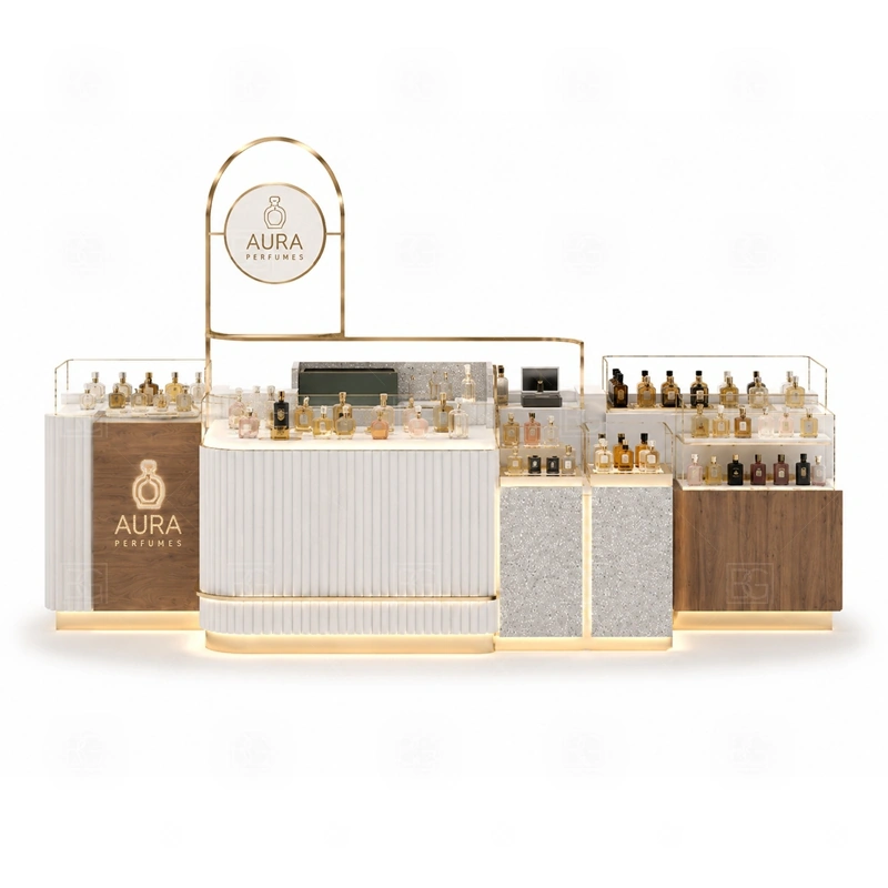Mall Retail Retail Perfume Booth with Glass Showcase storage detail for lockable drawers, bottle stock cabinets, tester storage, packaging space, and cable access planned for mall retail retail perfume booth with glass showcase