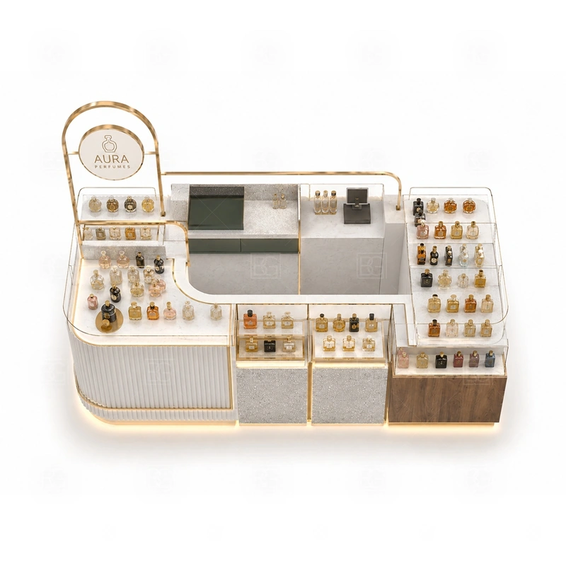 Mall Retail Retail Perfume Booth with Glass Showcase buyer planning detail for Mall Retail Retail Perfume Booth with Glass Showcase target size, bottle display quantity, tester counter size, logo sign dimensions, glass showcase size, lighting color, mall rules, destination country