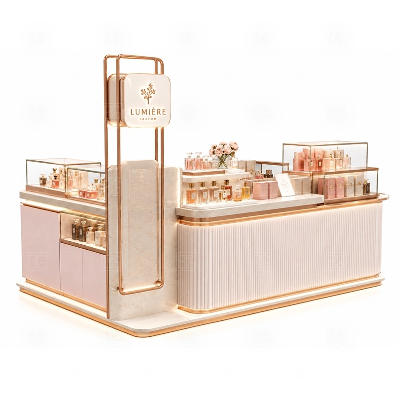 Modern Perfume Display Kiosk with Glass Showcase with white gold luxury counter style shown in the modern perfume display kiosk with glass showcase product photos for fragrance and perfume retail