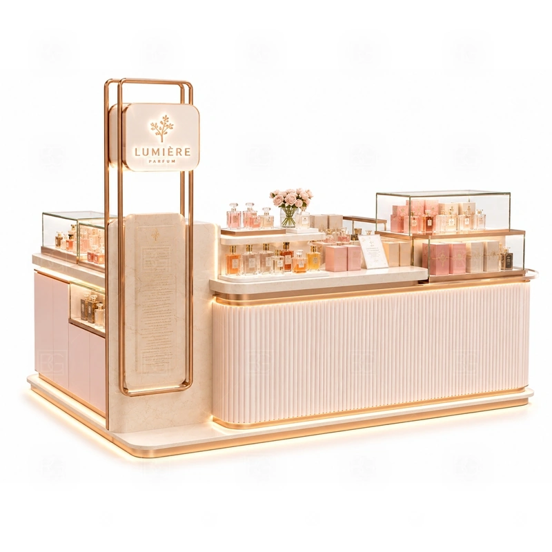 Modern Perfume Display Kiosk with Glass Showcase layout showing shopping mall perfume kiosk layout with display counters, storage, and cashier planning shown in the modern perfume display kiosk with glass showcase product photos, with compact lease areas where storage and customer flow must be planned carefully