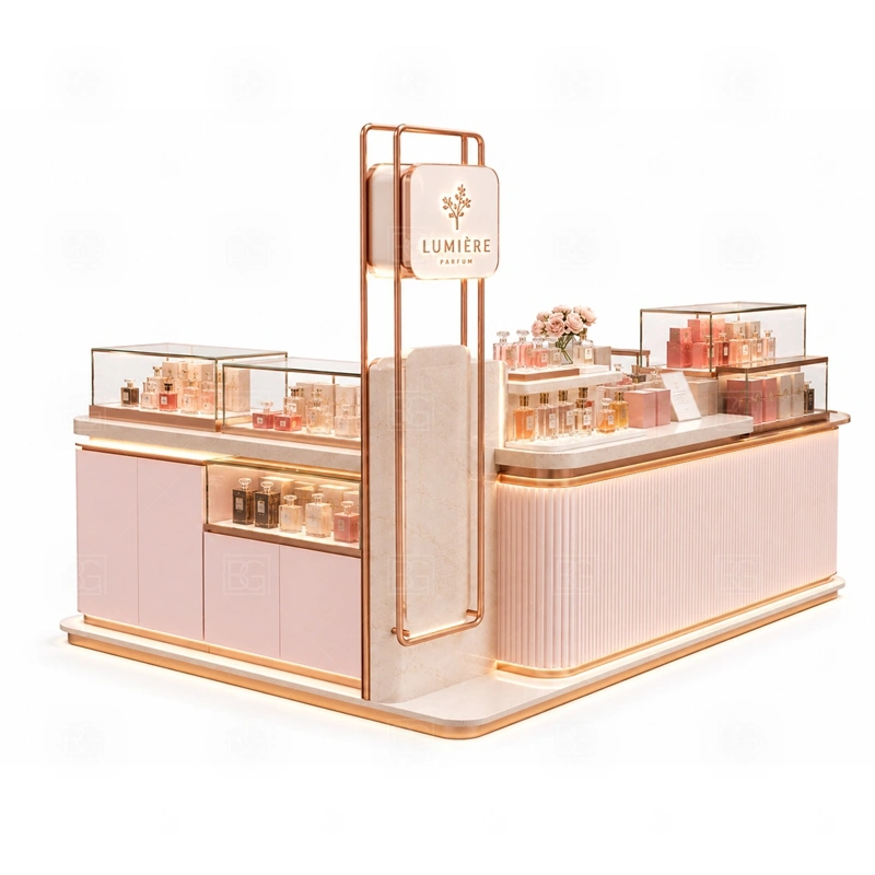 Modern Perfume Display Kiosk with Glass Showcase display detail for tempered glass showcases and visible perfume bottle display zones planned for perfume bottles, testers, gift sets, fragrance boxes, and small beauty products, arranged around the visible showcase rhythm of Modern Perfume Display Kiosk with Glass Showcase
