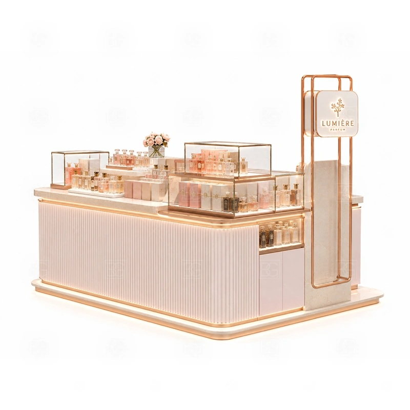Modern Perfume Display Kiosk with Glass Showcase branding detail for tall logo tower and warm LED brand lighting coordinated with fragrance brand color, logo panels, front graphics, and mall visibility needs, tuned to the logo position and visible brand surfaces of Modern Perfume Display Kiosk with Glass Showcase