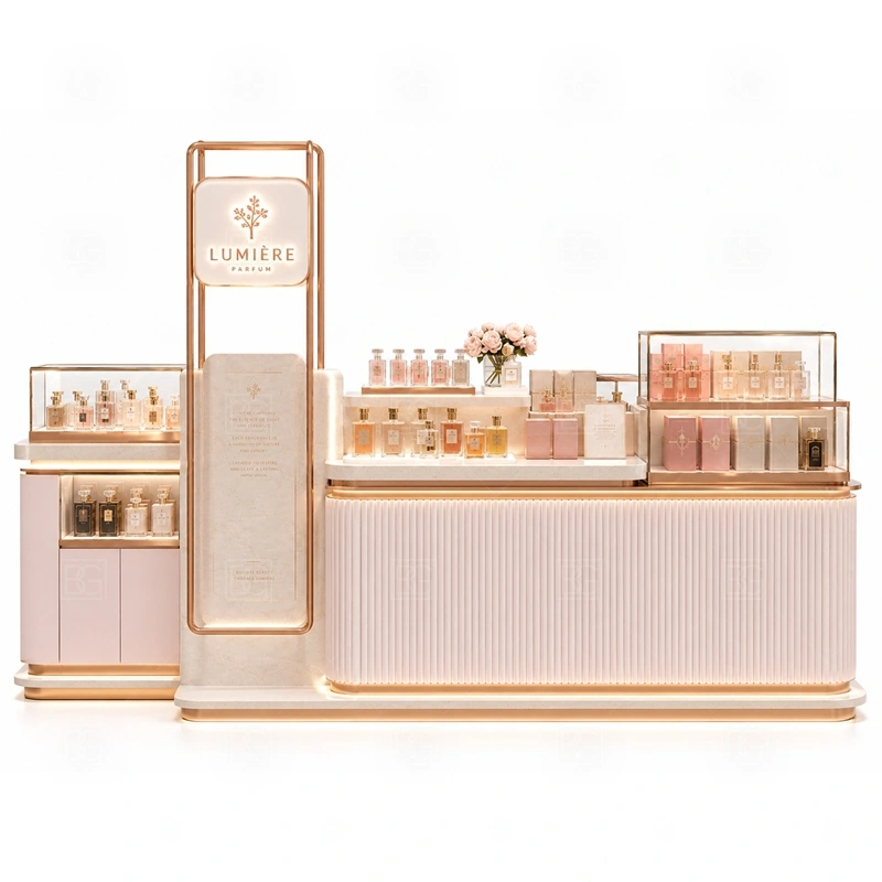 Modern Perfume Display Kiosk with Glass Showcase storage detail for lockable drawers, bottle stock cabinets, tester storage, packaging space, and cable access planned for modern perfume display kiosk with glass showcase