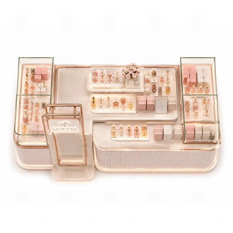 Modern Perfume Display Kiosk with Glass Showcase buyer planning detail for Modern Perfume Display Kiosk with Glass Showcase target size, bottle display quantity, tester counter size, logo sign dimensions, glass showcase size, lighting color, mall rules, destination country