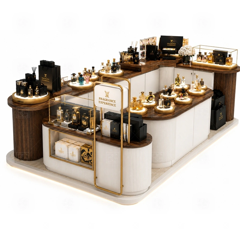 Modern Perfume Kiosk Design with cashier counter and lockable storage shown in the modern perfume kiosk design product photos for fragrance and perfume retail