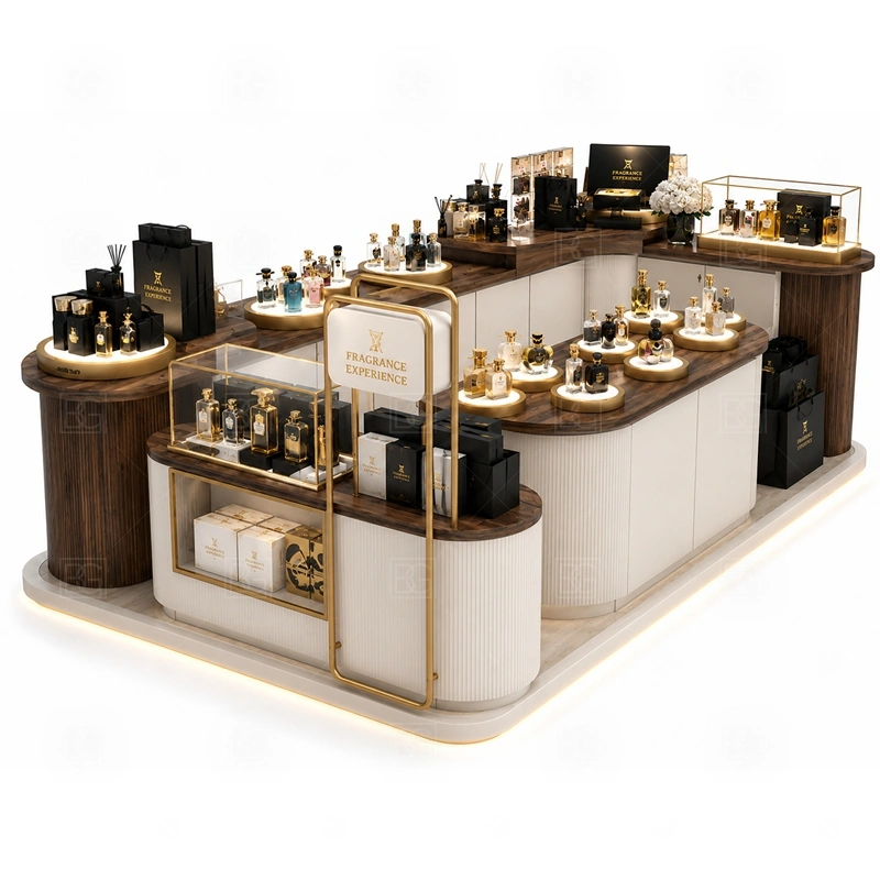 Modern Perfume Kiosk Design layout showing shopping mall perfume kiosk layout with display counters, storage, and cashier planning shown in the modern perfume kiosk design product photos, with brand-led retail locations where signage and product visibility need to work together