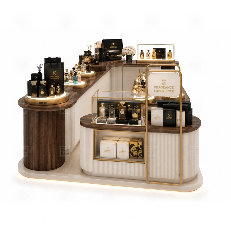 Modern Perfume Kiosk Design display detail for tempered glass showcases and visible perfume bottle display zones planned for perfume bottles, testers, gift sets, fragrance boxes, and small beauty products, arranged around the visible showcase rhythm of Modern Perfume Kiosk Design