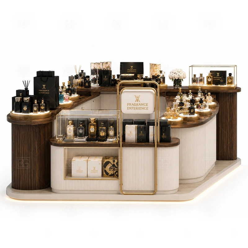 Modern Perfume Kiosk Design storage detail for lockable drawers, bottle stock cabinets, tester storage, packaging space, and cable access planned for modern perfume kiosk design