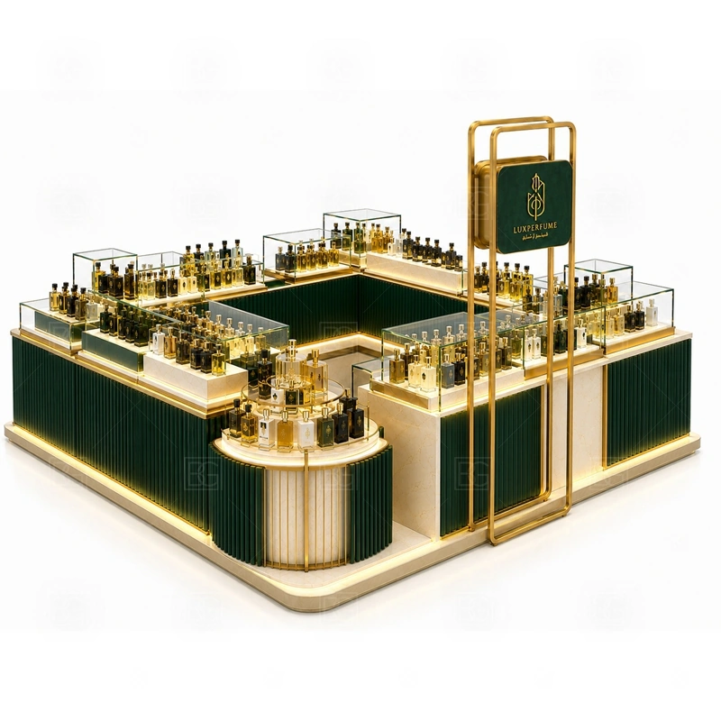 Modern Scent Bar Kiosk Custom Made layout showing island perfume kiosk layout with browsing from several sides shown in the modern scent bar kiosk custom made product photos, with food court traffic where order, payment, and pickup need a clean sequence