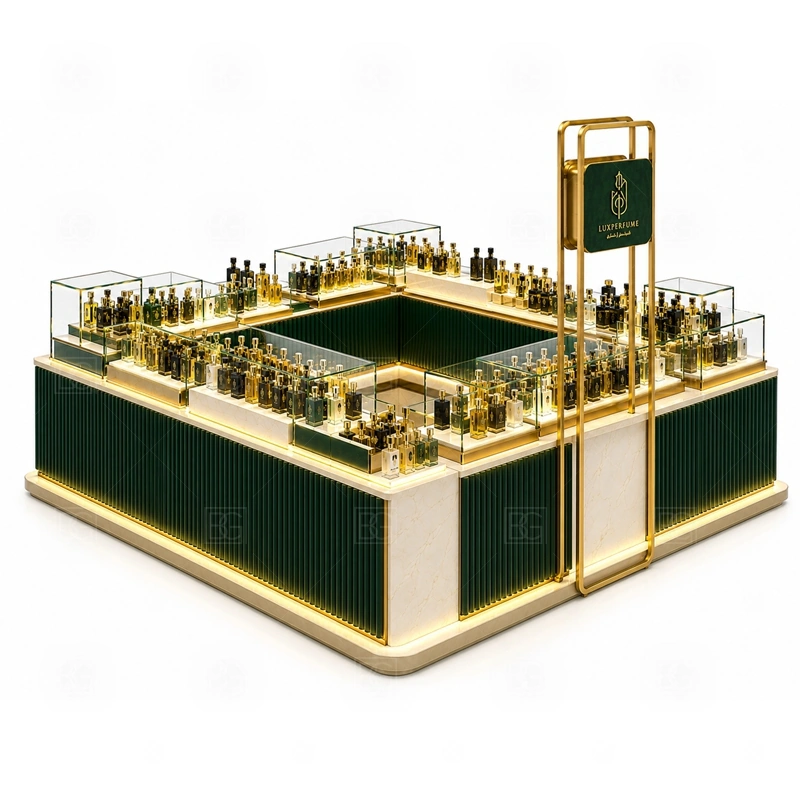 Modern Scent Bar Kiosk Custom Made display detail for tester counter, scent bar area, and bottle display shelves planned for perfume bottles, testers, gift sets, fragrance boxes, and small beauty products, arranged around the visible showcase rhythm of Modern Scent Bar Kiosk Custom Made