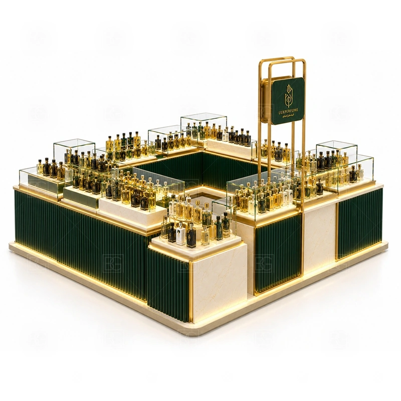 Modern Scent Bar Kiosk Custom Made branding detail for custom logo signage and brand color presentation coordinated with fragrance brand color, logo panels, front graphics, and mall visibility needs, tuned to the logo position and visible brand surfaces of Modern Scent Bar Kiosk Custom Made