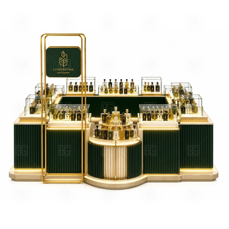 Modern Scent Bar Kiosk Custom Made storage detail for lockable drawers, bottle stock cabinets, tester storage, packaging space, and cable access planned for modern scent bar kiosk custom made