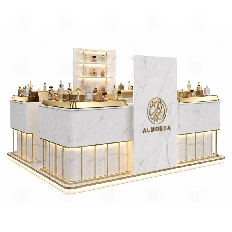 Modular Fragrance Kiosk for Sale with logo tower and illuminated signage shown in the modular fragrance kiosk for sale product photos for fragrance and perfume retail