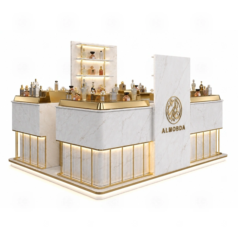 Modular Fragrance Kiosk for Sale display detail for tester counter, scent bar area, and bottle display shelves planned for perfume bottles, testers, gift sets, fragrance boxes, and small beauty products, arranged around the visible showcase rhythm of Modular Fragrance Kiosk for Sale