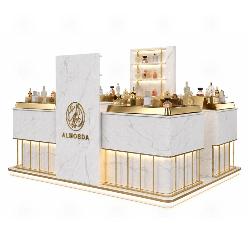 Modular Fragrance Kiosk for Sale branding detail for tall logo tower and warm LED brand lighting coordinated with fragrance brand color, logo panels, front graphics, and mall visibility needs, tuned to the logo position and visible brand surfaces of Modular Fragrance Kiosk for Sale