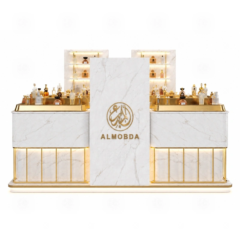 Modular Fragrance Kiosk for Sale storage detail for lockable drawers, bottle stock cabinets, tester storage, packaging space, and cable access planned for modular fragrance kiosk for sale