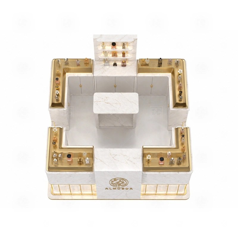 Modular Fragrance Kiosk for Sale buyer planning detail for Modular Fragrance Kiosk for Sale target size, bottle display quantity, tester counter size, logo sign dimensions, glass showcase size, lighting color, mall rules, destination country