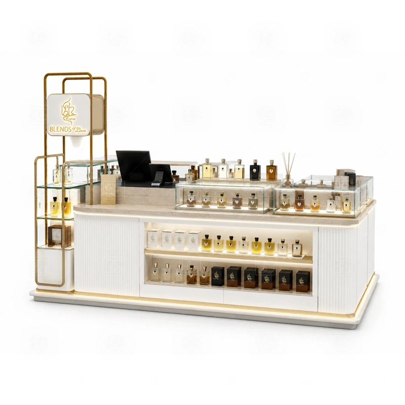 Modular Retail Perfume Booth Manufacturer layout showing island perfume kiosk layout with browsing from several sides shown in the modular retail perfume booth manufacturer product photos, with center-court traffic where customers may approach from more than one direction