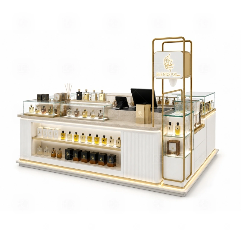 Modular Retail Perfume Booth Manufacturer display detail for perfume bottle displays, glass counters, and small product shelving planned for perfume bottles, testers, gift sets, fragrance boxes, and small beauty products, arranged around the visible showcase rhythm of Modular Retail Perfume Booth Manufacturer