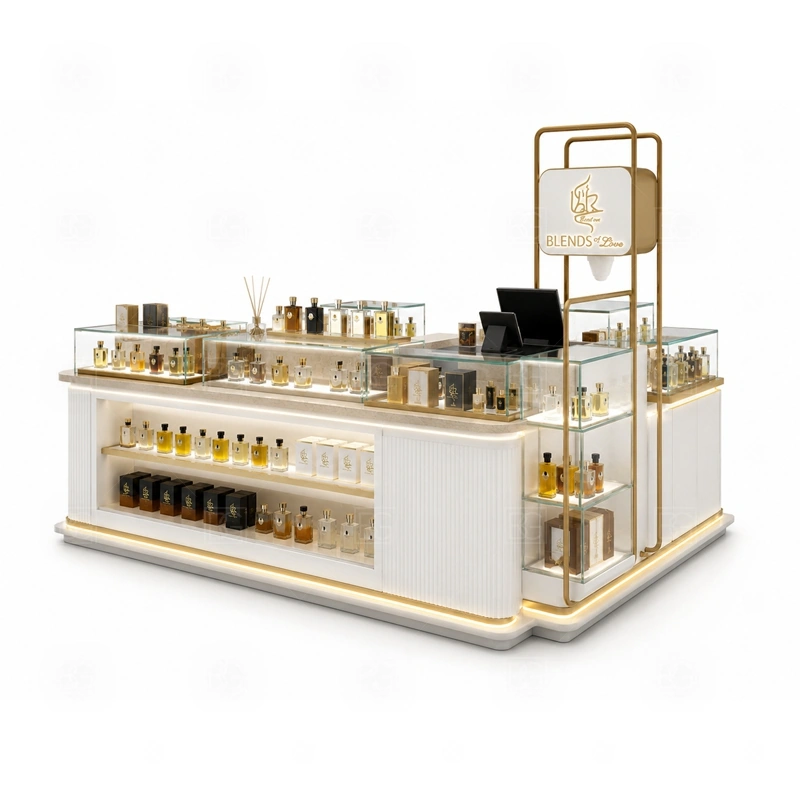 Modular Retail Perfume Booth Manufacturer branding detail for custom logo signage and brand color presentation coordinated with fragrance brand color, logo panels, front graphics, and mall visibility needs, tuned to the logo position and visible brand surfaces of Modular Retail Perfume Booth Manufacturer