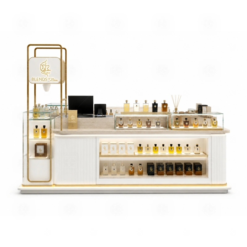 Modular Retail Perfume Booth Manufacturer storage detail for lockable drawers, bottle stock cabinets, tester storage, packaging space, and cable access planned for modular retail perfume booth manufacturer
