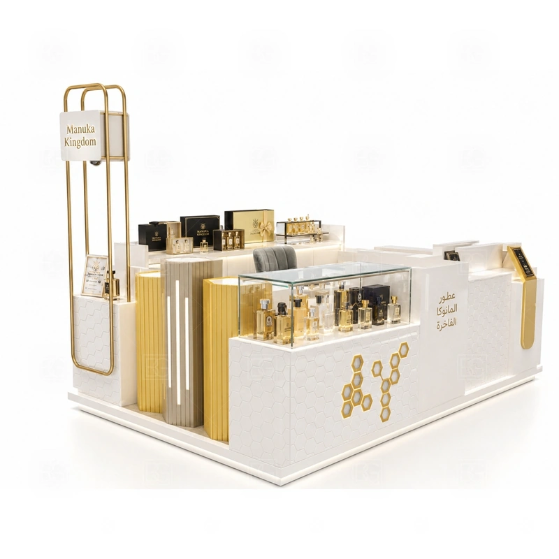 Open Display Fragrance Display Stand for Retail Business layout showing open fragrance display layout with clear tester access shown in the open display fragrance display stand for retail business product photos, with center-court traffic where customers may approach from more than one direction