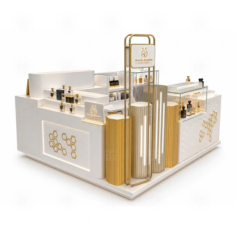 Open Display Fragrance Display Stand for Retail Business display detail for tester counter, scent bar area, and bottle display shelves planned for perfume bottles, testers, gift sets, fragrance boxes, and small beauty products, arranged around the visible showcase rhythm of Open Display Fragrance Display Stand for Retail Business