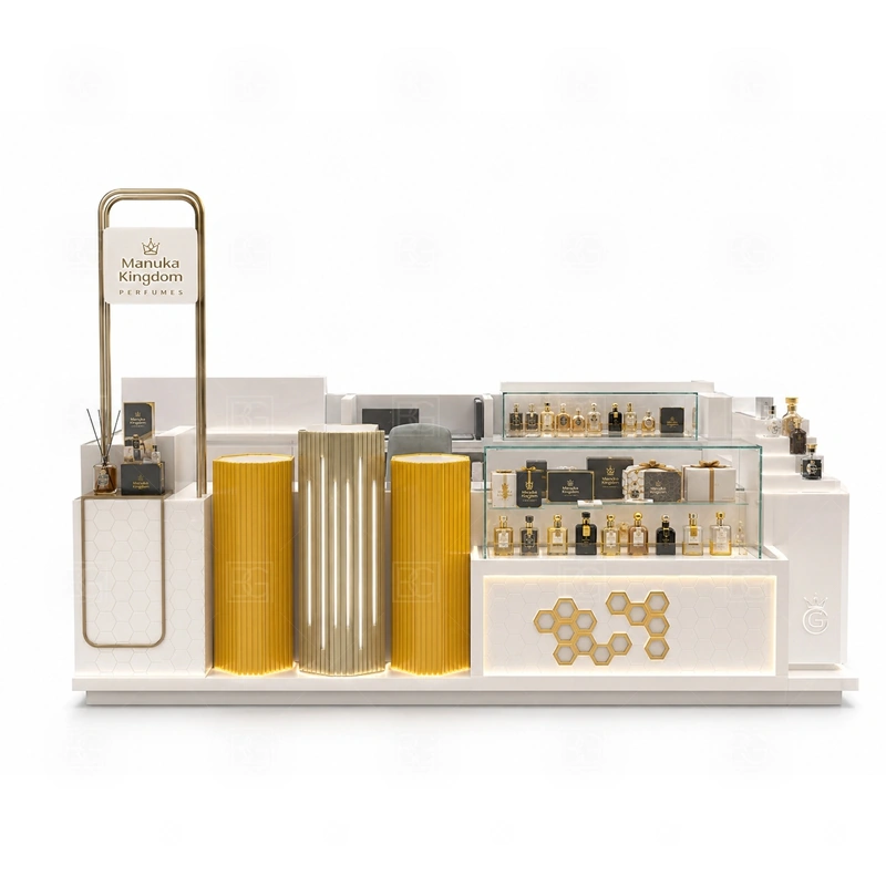 Open Display Fragrance Display Stand for Retail Business storage detail for lockable drawers, bottle stock cabinets, tester storage, packaging space, and cable access planned for open display fragrance display stand for retail business