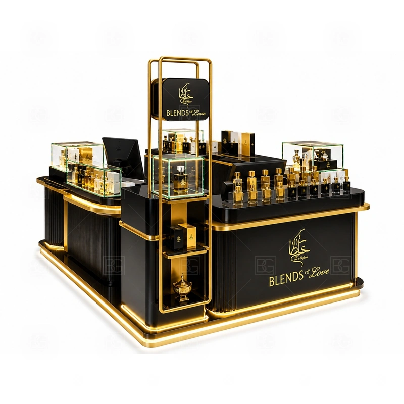 Open Display Fragrance Kiosk Custom Made with mall island layout shown in the open display fragrance kiosk custom made product photos for fragrance and perfume retail