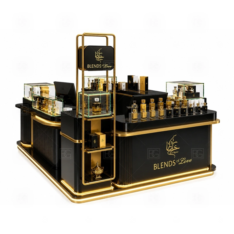 Open Display Fragrance Kiosk Custom Made layout showing island perfume kiosk layout with browsing from several sides shown in the open display fragrance kiosk custom made product photos, with brand-led retail locations where signage and product visibility need to work together