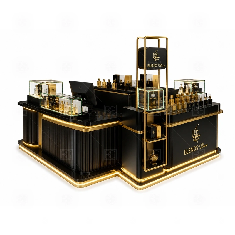 Open Display Fragrance Kiosk Custom Made branding detail for custom logo signage and brand color presentation coordinated with fragrance brand color, logo panels, front graphics, and mall visibility needs, tuned to the logo position and visible brand surfaces of Open Display Fragrance Kiosk Custom Made