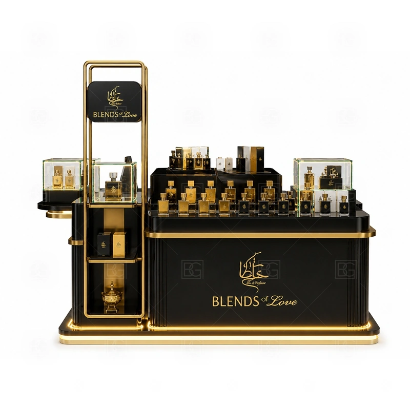 Open Display Fragrance Kiosk Custom Made storage detail for lockable drawers, bottle stock cabinets, tester storage, packaging space, and cable access planned for open display fragrance kiosk custom made