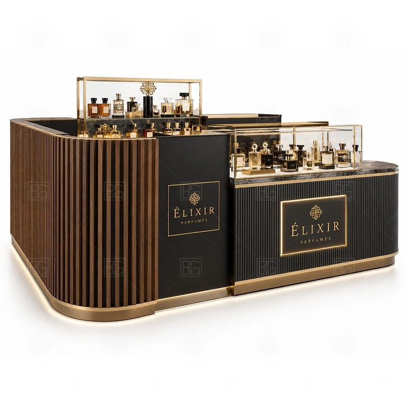 Pink Mall Perfume Kiosk with Lockable Storage with multi-side customer browsing shown in the pink mall perfume kiosk with lockable storage product photos for fragrance and perfume retail