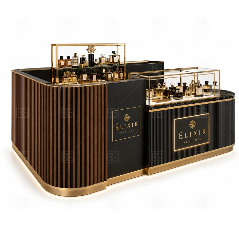 Pink Mall Perfume Kiosk with Lockable Storage display detail for perfume bottle displays, glass counters, and small product shelving planned for perfume bottles, testers, gift sets, fragrance boxes, and small beauty products, arranged around the visible showcase rhythm of Pink Mall Perfume Kiosk with Lockable Storage