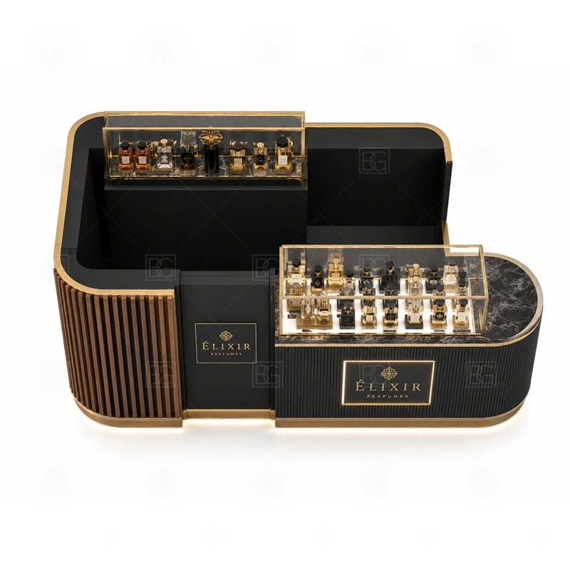 Pink Mall Perfume Kiosk with Lockable Storage buyer planning detail for Pink Mall Perfume Kiosk with Lockable Storage target size, bottle display quantity, tester counter size, logo sign dimensions, glass showcase size, lighting color, mall rules, destination country