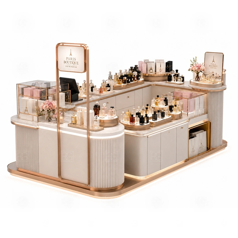 Pink Perfume Display Counter with Logo Tower with glass showcase and product shelving shown in the pink perfume display counter with logo tower product photos for fragrance and perfume retail