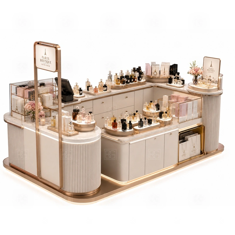 Pink Perfume Display Counter with Logo Tower layout showing shopping mall perfume kiosk layout with display counters, storage, and cashier planning shown in the pink perfume display counter with logo tower product photos, with food court traffic where order, payment, and pickup need a clean sequence